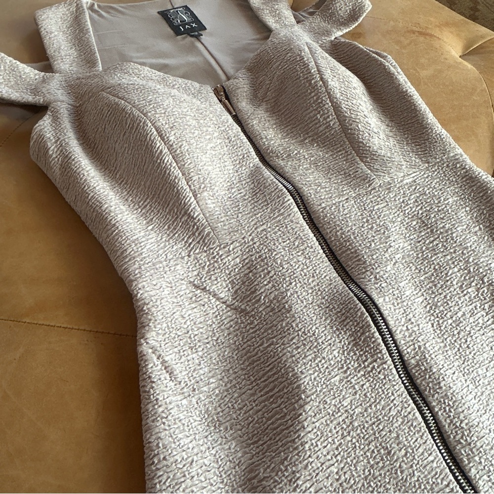 JAX Bodycon Shimmer Silver Sexy Full Front Zip Elegant Cocktail Dress, 10 - Picture 6 of 13